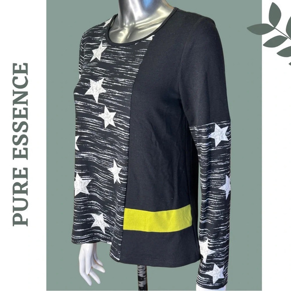 Pure Essence Long Sleeve Knit Top Color Block Star Print Back Yellow White - Picture 7 of 8